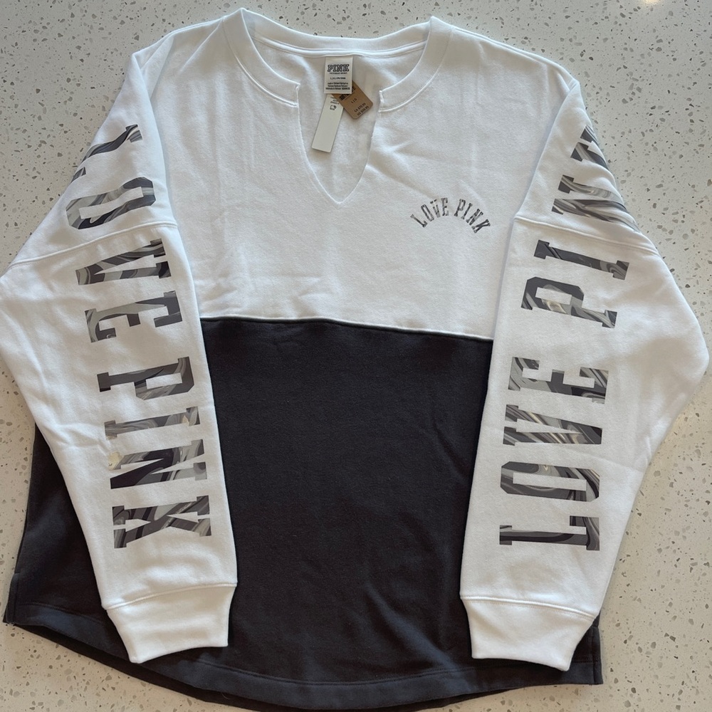 NWT PINK Victoria's Secret Gray and White Color-Blocked Sweatshirt